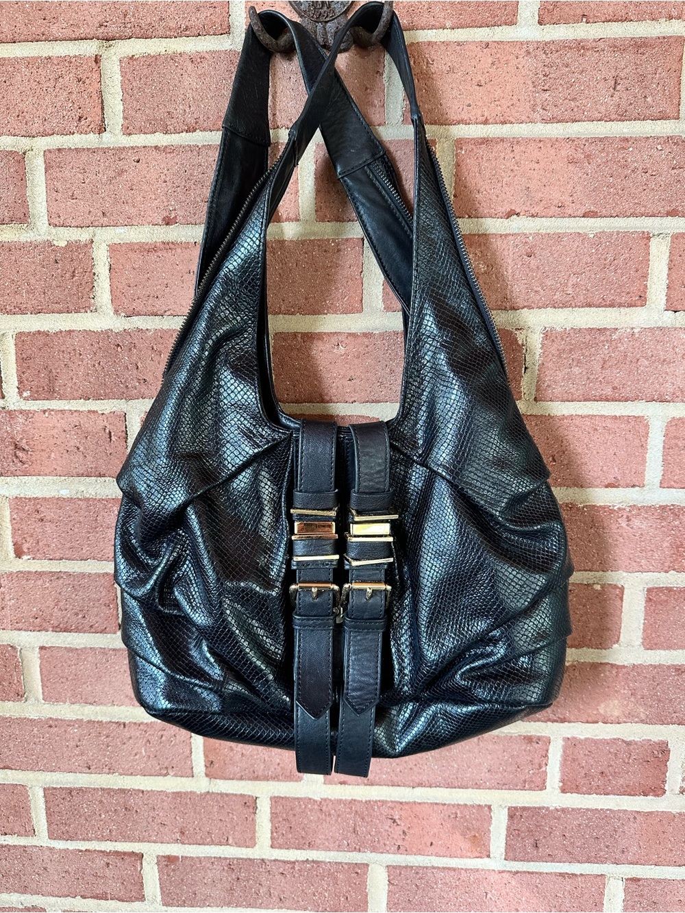 Treesje Black Textured Leather Shoulder Hobo with Buckle Straps.